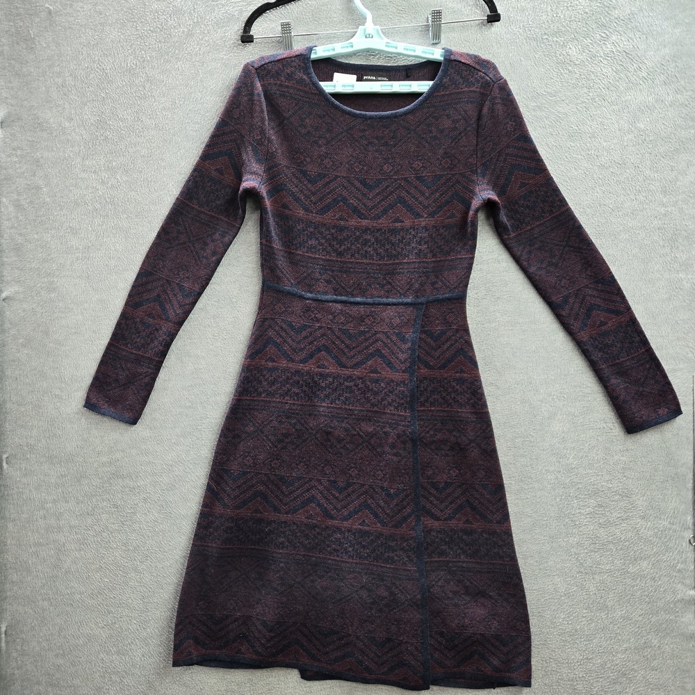 Prana Women Dress S Burgundy Organic Cotton Wool Geometric Sweater‎ Intarsia